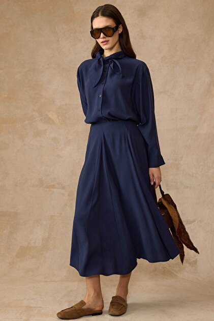 Scarf Collar Shirt Skirt Modal Double Set Dark Blue 9460-Tk