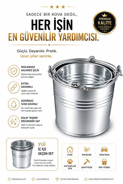 BAŞAK Metal Galvaniz Su Kovası Yuvarlak 3'lü 15 Lt 12 Lt 10 Lt