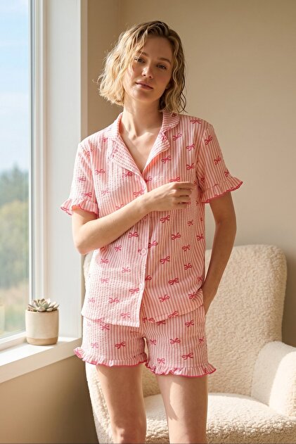 Bürümcük Knitted Short Sleeve Women's Buttoned Shorts Set