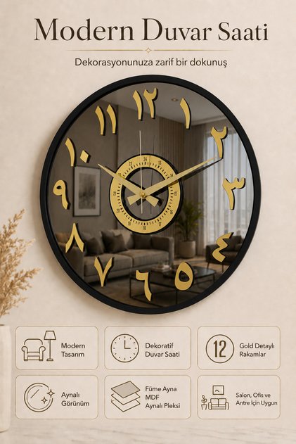 Aynalı Duvar Saati ( Gerçek Ayna) 40 cm Modern Tasarım