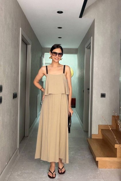 Women's Mink Thin Strap Loose Maxi Dress with Layered Detail and Pockets