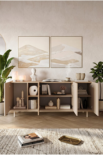 Yurudesign Sedra Konsol 4 Kapaklı Raflı Ahşap Ayaklı 180cm Kumsal