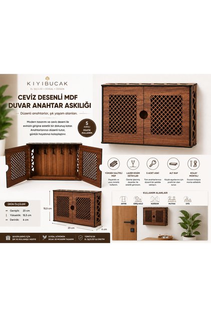 Ceviz Desenli Kapaklı MDF Duvar Anahtarlığı | Gizli Bölmeli Dekoratif Anahtar Askılığı | 5 Askılı | 23x15,5x6 cm