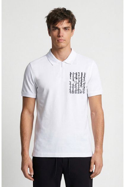 Beyaz Süs Cep Baskı Detaylı Pike T-shirt