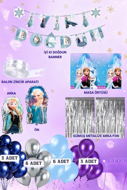 Frozen Doğum Günü Parti Seti Masa Örtüsü Çift Tarflı Folyo Balon Banner
