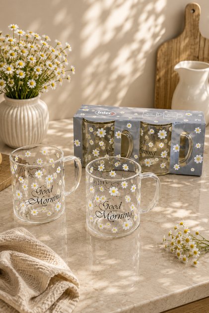 Papatya Desenli Cam Kupa Bardak 400 ML 2’li Set | Good Morning Yazılı Kulplu Kahve & Çay Kupası