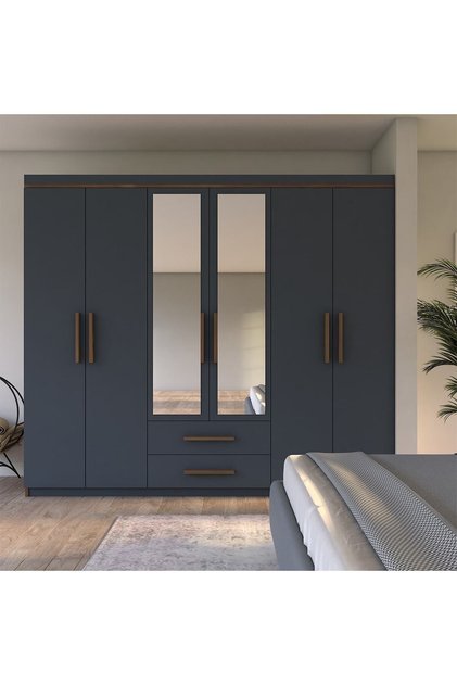 Gm820 Armina Lüx 6 Kapı 2 Çekmeceli Aynalı Ceviz-Antrasit Gri Gardırop