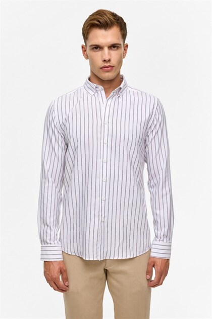 Dark Brown Slim Striped Buttoned Collar Shirt