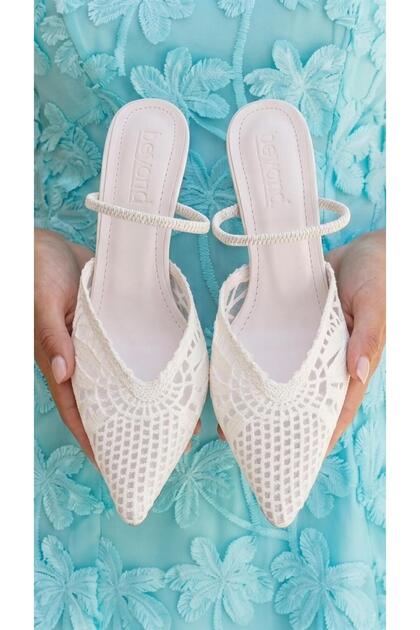Women's White Knitwear Strappy Pointed Toe Evening Dress Shoes 8.5cm Byndprstrb01