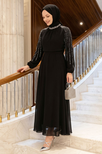 Rochie de seara din sifon negru cu maneci cu strasuri