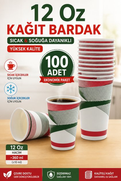 Karton Bardak Büyük Boy 12 Oz (355 ml) 100 Adet – Sıcak & Soğuk İçecek Uyumlu, Tek Kullanımlık