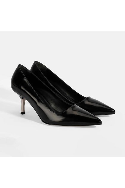 Women's Black Patent Leather Evening Dress Shoes with Metal Heel Detail