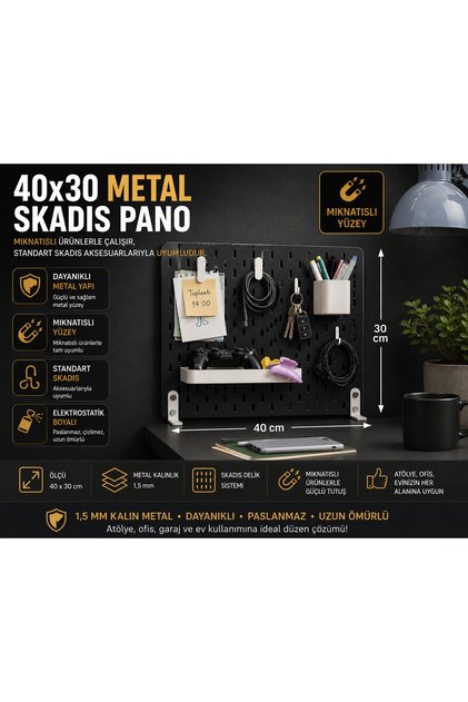 Pegboard Çok Amaçlı SİYAH METAL Pano 40x30 cm Organizatör Pegboard