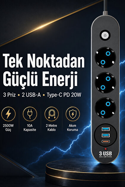 The Wlue 3'lü Anahtarlı Çoklu Priz | 2xUSB | 1xType-C Hızlı | PD