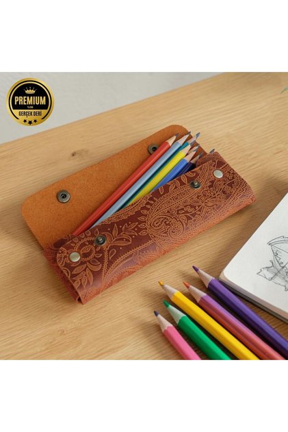 Patterned Leather Pen Holder, Genuine Leather Small Pencil Case – Business, Office, School Accessory Holder