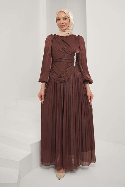 Plum Front Stone Detailed Sleeve Tie Evening Dress