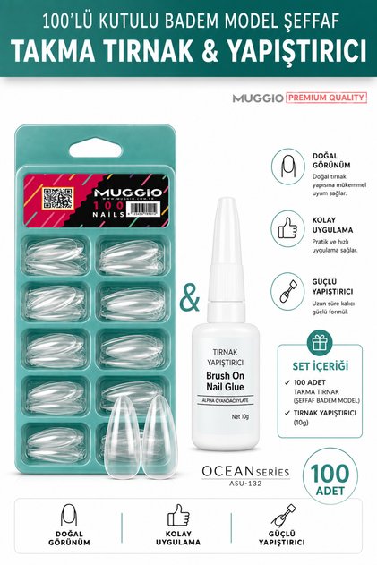 100lü Badem Model Takma Tırnak Ve 10 gr Yapıştırıcı Set