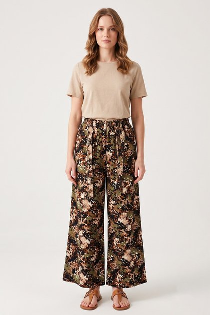 Women's Black Orange Abstract Patterned Atlas Wide Leg Pants
