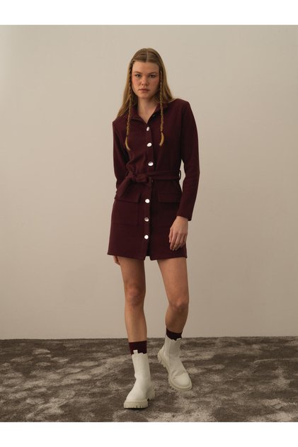 Kadın Bordo Regular Fit Pamuklu Elbise