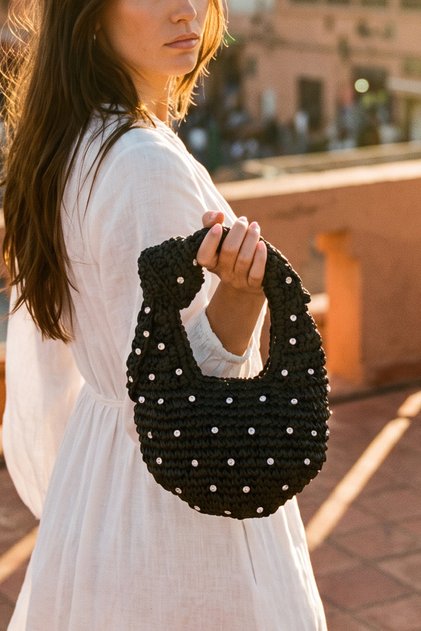 Star Crystal Stone Black Knitted Knotted Half Moon Silhouette Rustic Macrame Portfolio Clutch Zippered Lined Mesh Straw Summer Vacation Handbag