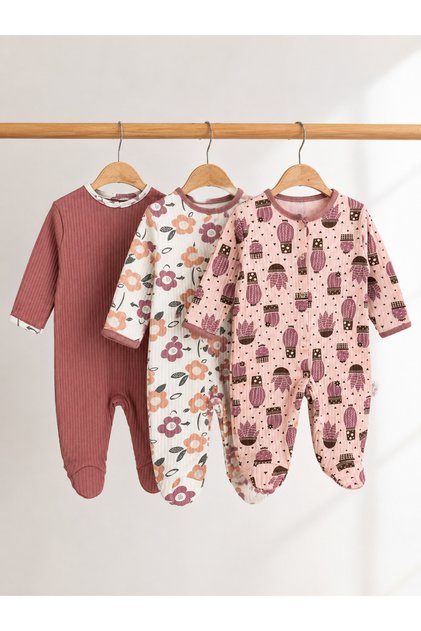 100% Cotton 3-Piece Baby Girl Romper Set with Floral and Cactus Patterned Booties and Long Sleeves for 3-6-9 Months