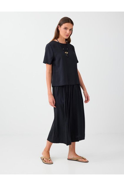 Black Elastic Waist Wide Leg Midi Modal Trousers