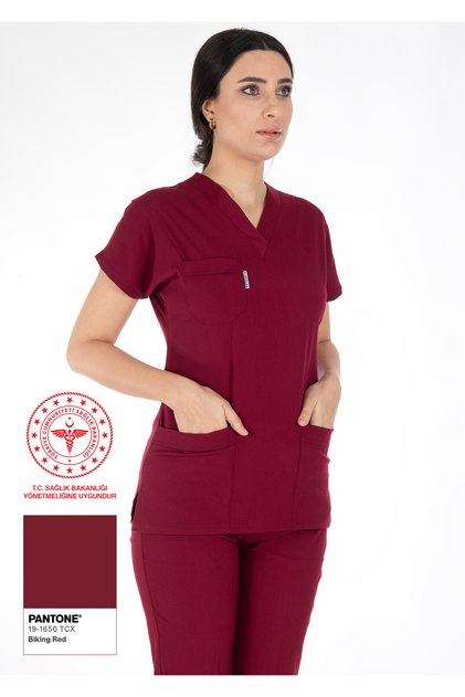Burgundy Lycra Thin Fabric Scrubs Doctor Nurse Uniform Bat Sleeve Surgical Suit (with Arma Gift)