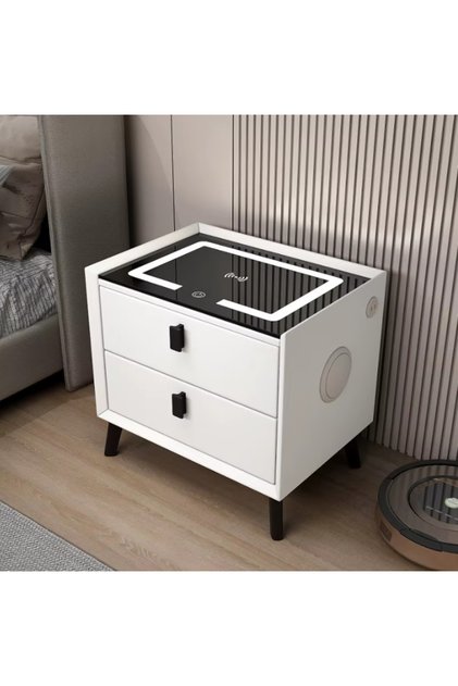 Noptieră inteligentă cu încărcare wireless, USB și iluminare LED in 3 nuante ambientale, 2 sertare, 50x40x46 cm