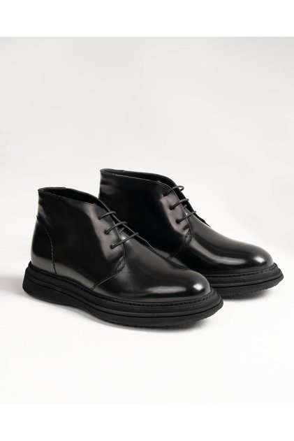 Italian Style Natural Leather Patent Leather Winter Men's Boot Shoes Black T13426
