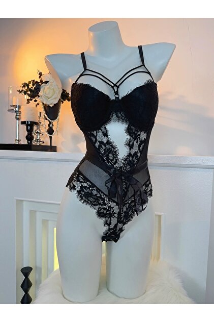 JIYUANG Women's Sexy Black Sheer Lace Lingerie Set elegant Strappy pajama  set With stockings- Trendyol
