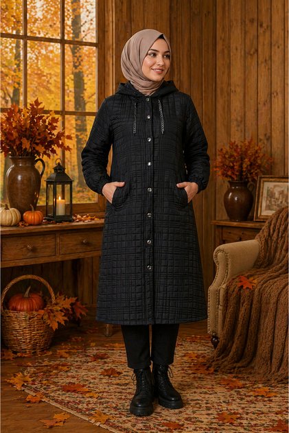 Women's Hijab Hooded Buttoned Long Cap
