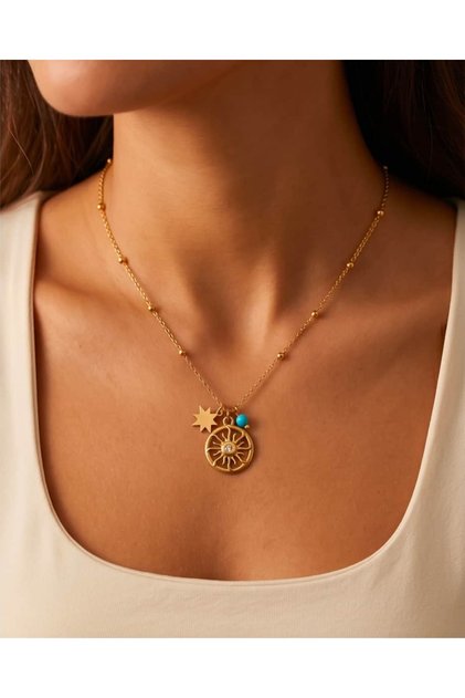 Elunara Sun Star Blue Stone Steel Necklace