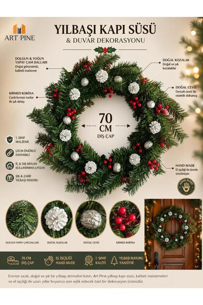 70 CM YILBAŞI KAPI SÜSÜ , DOĞAL KOZALAK , DOĞAL CEVİZ VE KOKİNA - DUVAR DEKORASYON NOEL PARTİ ORGANİZASYON
