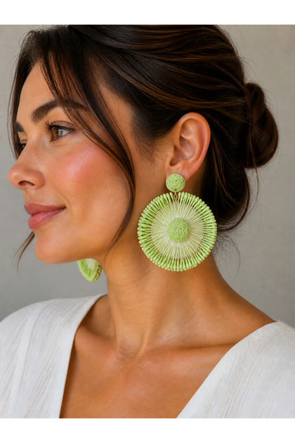 Green Zarax Model Women's Flower Earrings Straw Large Size Summer Bohemian Lightweight Dangle Earrings