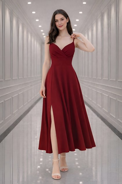 Women's Double Breasted Collar Pleated Strap Slit Detail Midi Dress
