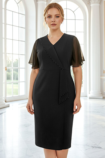 SUBU TASARIM Stone Detailed Jacket Collar Midi Length Crepe Fabric