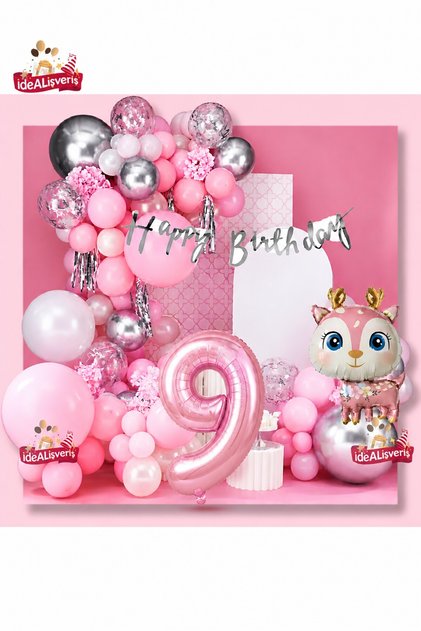 Pink Deer Birthday Decoration Set for Girls 1-9 Years Old Pink Balloon Chain Happy Birthday Banner Party Concept Set