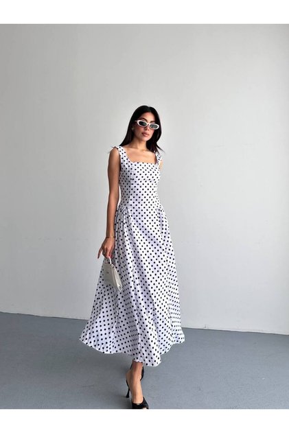 Black Polka Dot White Midi Dress – Strappy, Square Neck, Stylish Summer Dress