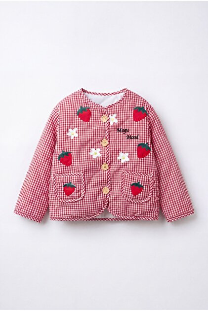 Girl's Cotton Red Gingham Strawberry Embroidered Quilted Jacket