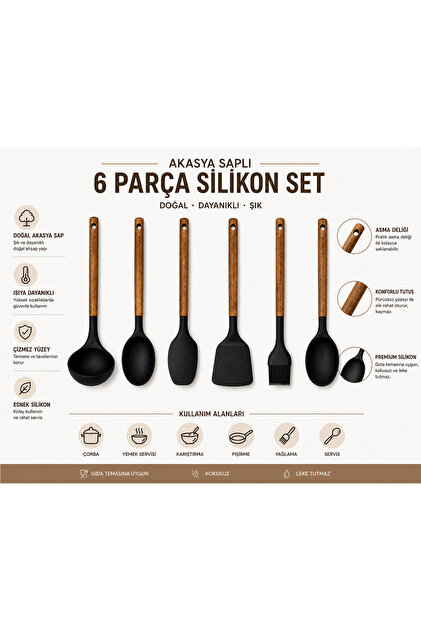 Akasya Ahşap Saplı 6 Parça Silikon Mutfak Gereçleri Seti – Spatula-Kepçe-Kaşık-Fırça – Çizmez Tencere Dostu