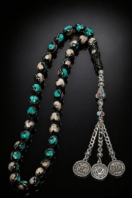 Camel Bone Green and White Aleppo Tassel Giant Size Prayer Beads