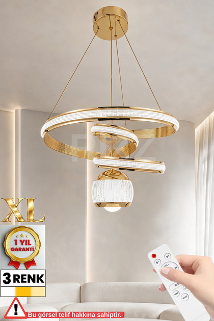 İthal Kasa XL 3 Renk Kumandalı Led Avize Gezegen Toplu Gold Kasa Büyük Ledli Salon & Oturma odası Avizesi