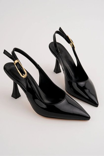 Women's black patent leather pointed-toe ankle-tie heels