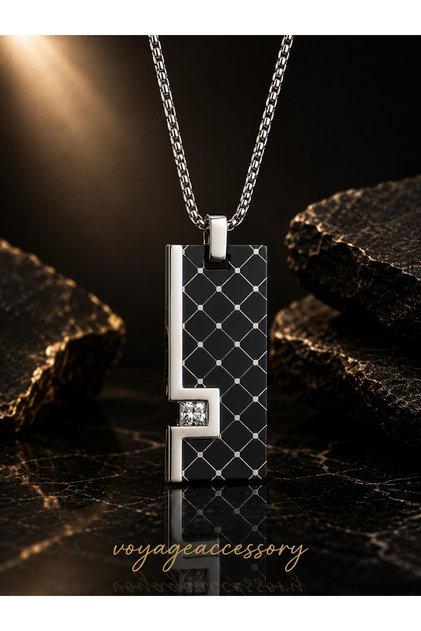 Stainless Steel Cubic Zircon Detailed Premium Black and White Men's Necklace
