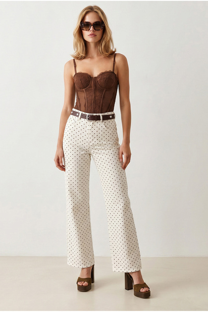 Women's White Brown Polka Dot Detailed Palazzo Gabardine Trousers Pnt-19000408