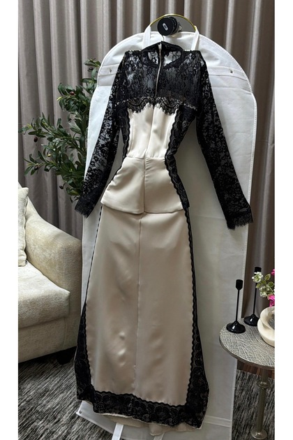 black lace over beige dress Two-Tone Black Lace Three-Quarter Sleeve Fit Flare Formal Dress