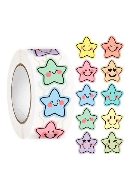 MULTI 500 Pcs Colorful Star Expression Stickers Roll - Pastel Aesthetic Star-Shaped Labels with Chee