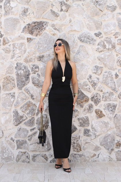 Black Accessory Detailed Sandy Fabric Dress