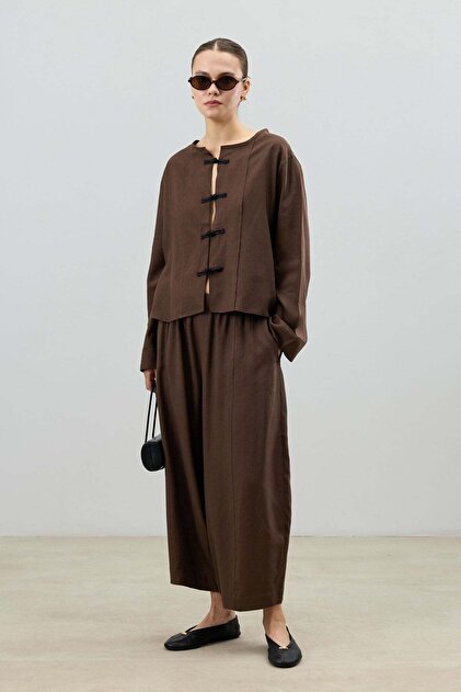 Coffee Linen Blend Fancy Button Women's Suit