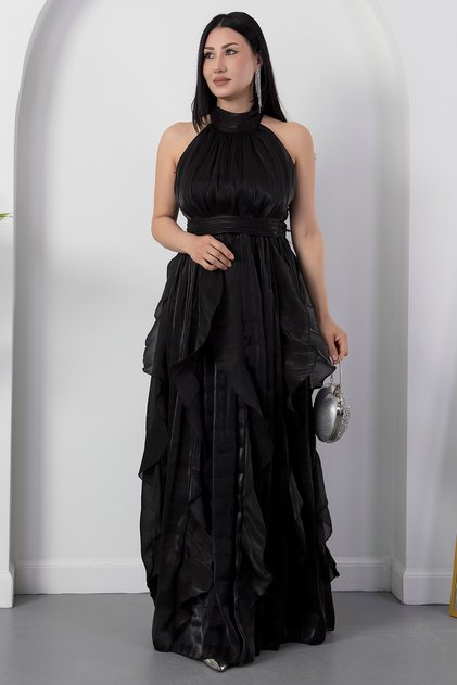 Rochie din satin cu volane și decolteu halter ELİ6073